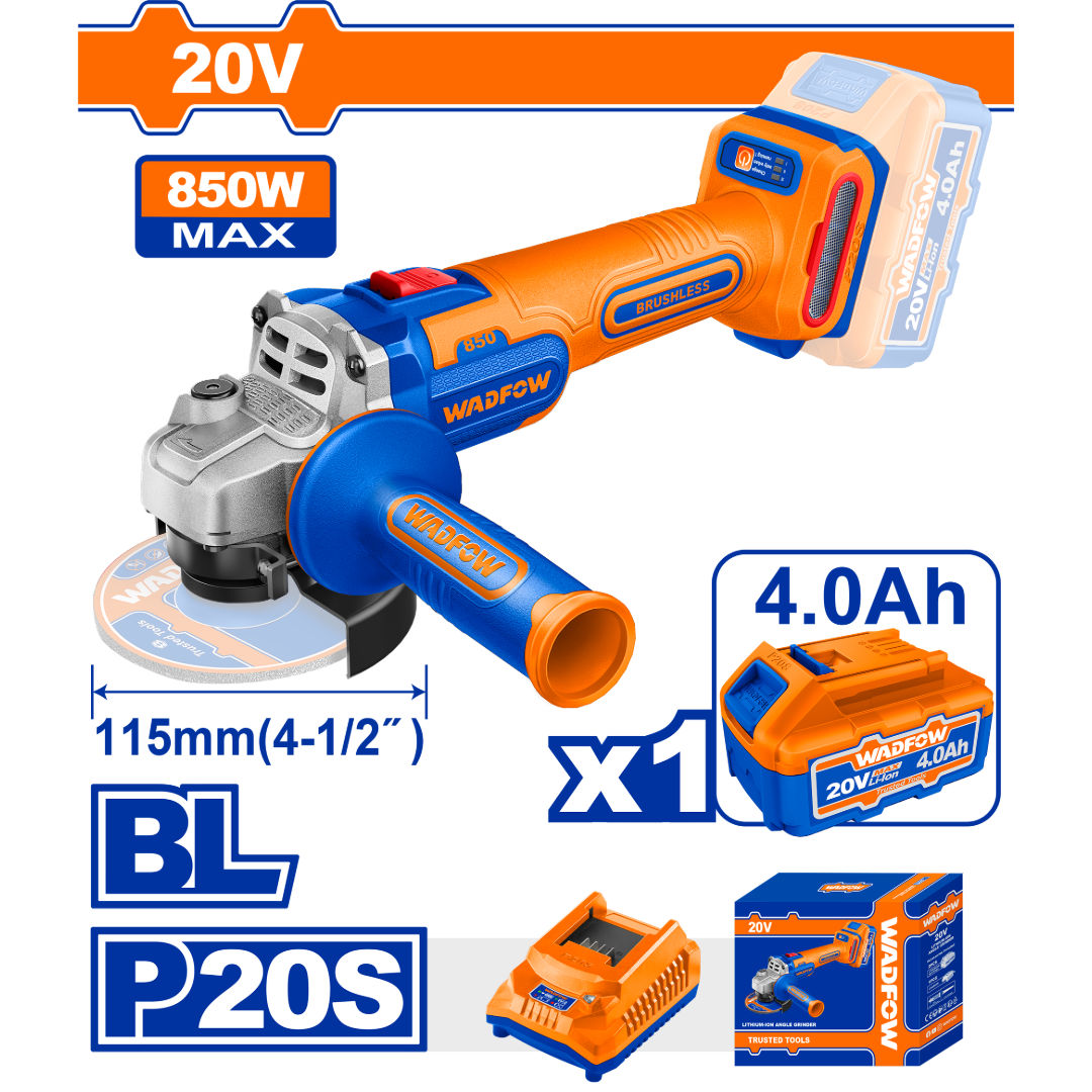 مطحنة زاوية لاسلكية WADFOW 20 فولت، بدون فرش، قرص Ø115 مم، عمود دوران M14