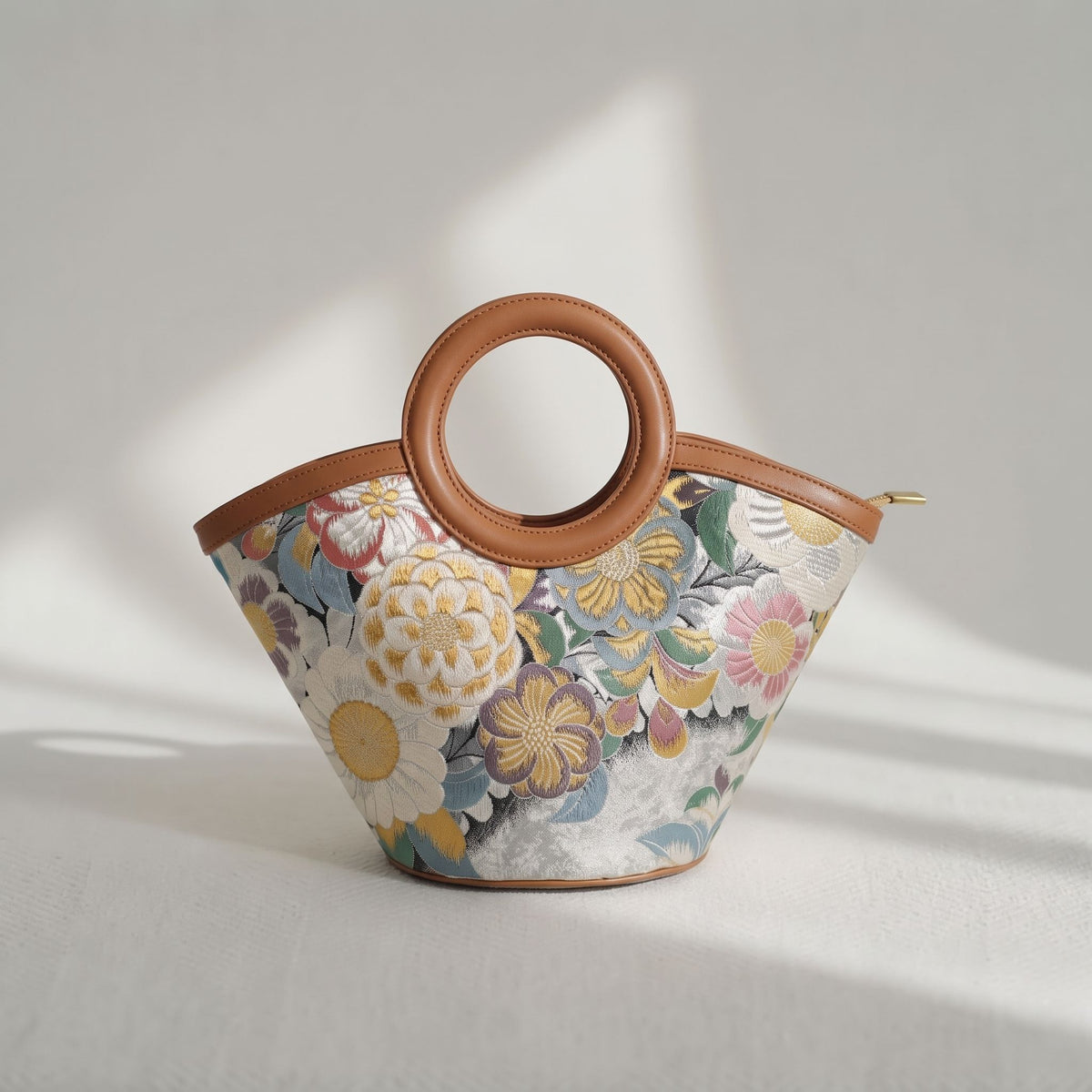 Jamila Designer Mulberry Silk Dark Grey Tote Bag, Floral Pattern with Round Handles