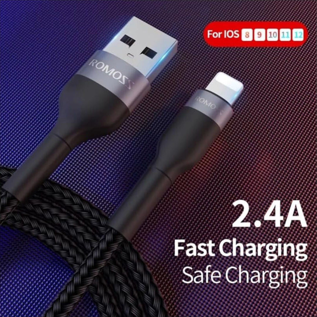Romoss USB-A To Lightning Data Charging Nylon Braided Cable, 2.4A, Black