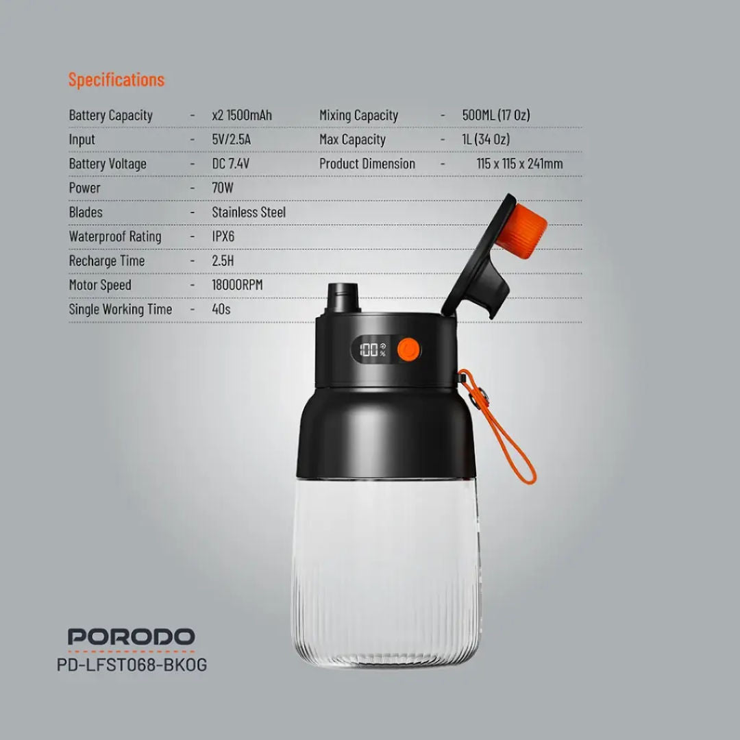 Porodo Lifestyle Blend & Sip Portable Blender, Black/Orange