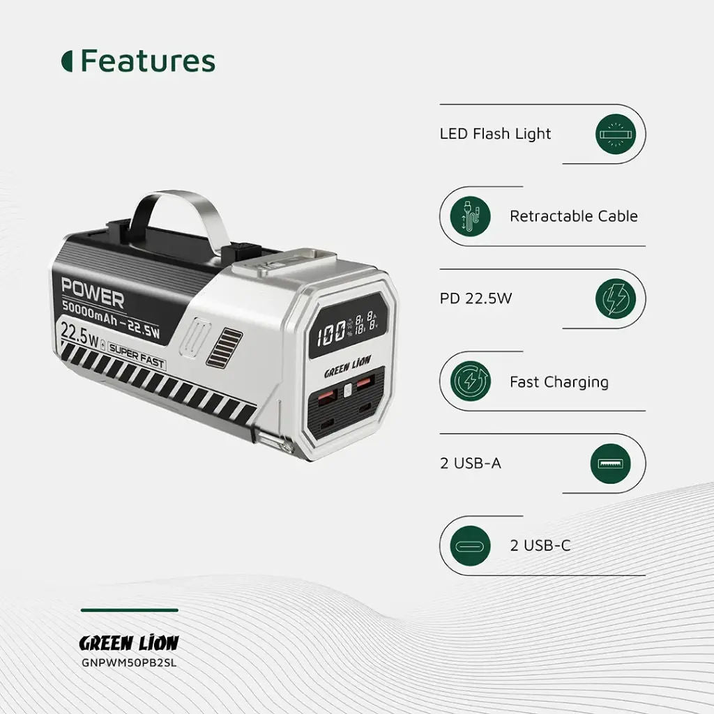 Green Lion 50000mAh Power Bank 22.5W, Silver