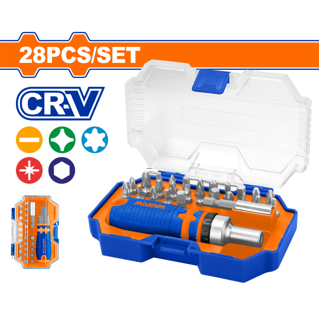 WADFOW 28-Piece Screwdriver Bit Set with Ratchet Handle & Bit Holder, CR-V Bits, SL/PH/PZ/T/H in Plastic Case