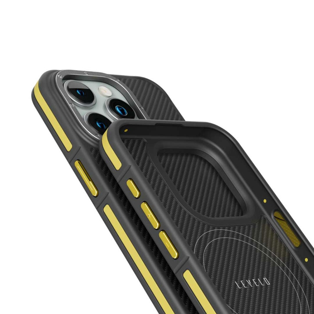 Levelo Ox Carbon Shock-Proof Edges, Raised Bezel Case For iPhone 15 Pro, Yellow