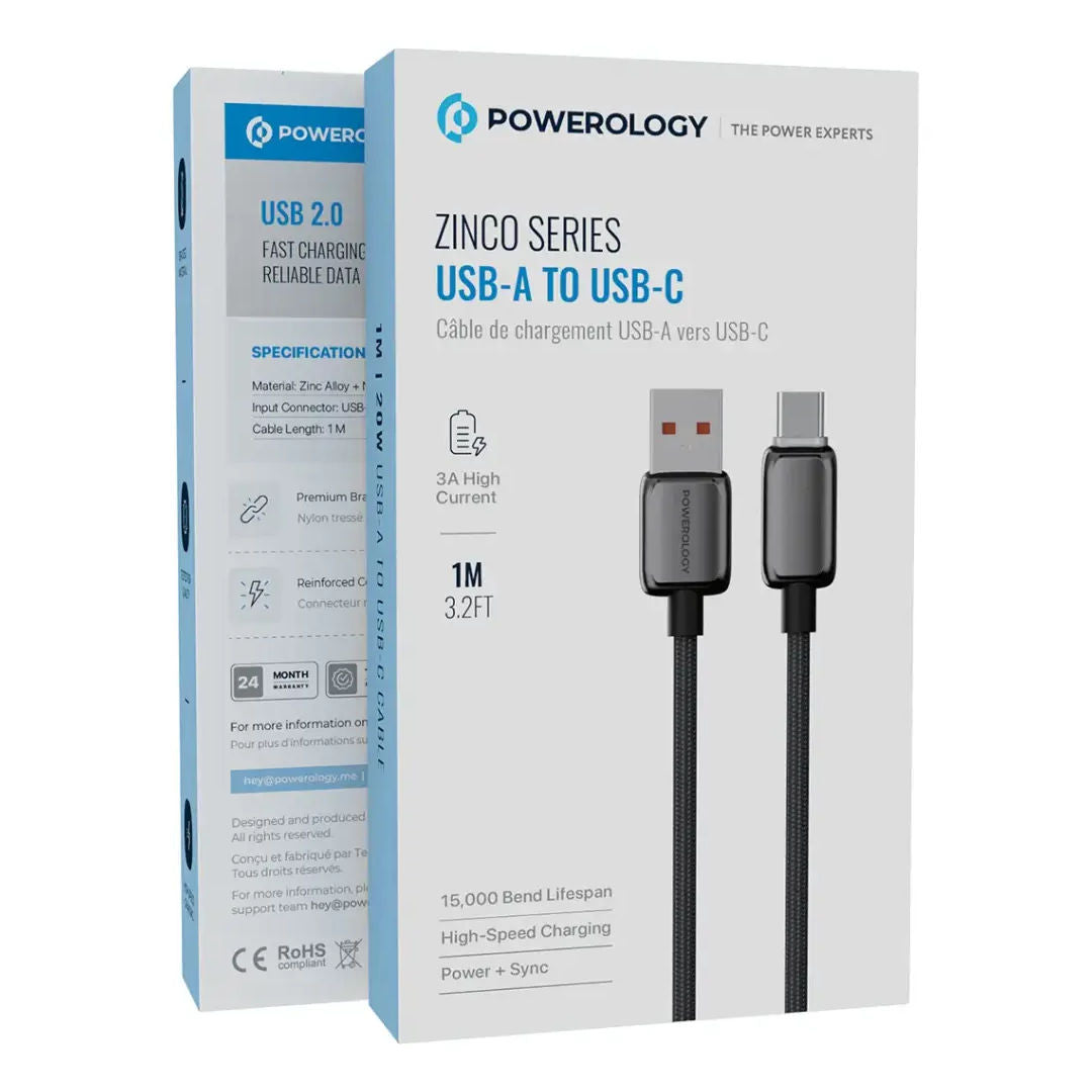 Powerology Zinco Series 20W USB-A to USB-C High Speed Charging Cable, 1M, 3A High Current, Dark Gray