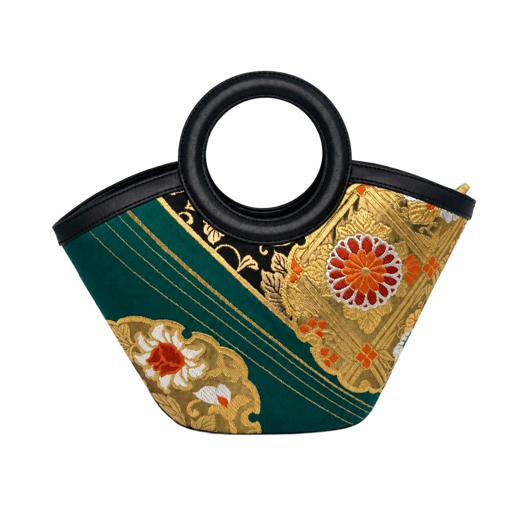 Jamila Designer Mulberry Silk Tote Bag, Flying Bird & Floral Design with Round Handles