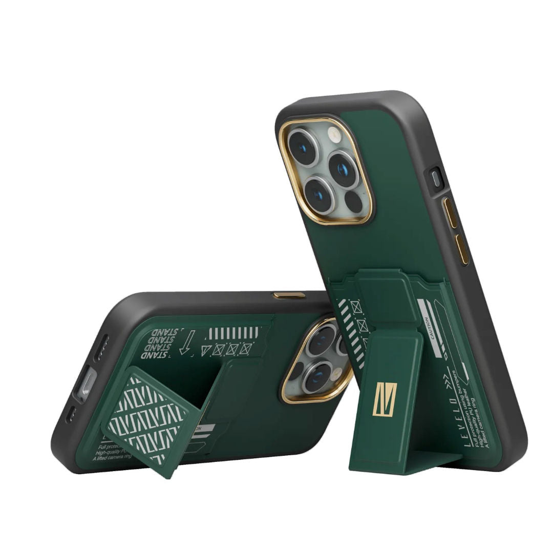 Levelo Morphix Gripstand Case With Cardholder For iPhone 15 Pro, Green