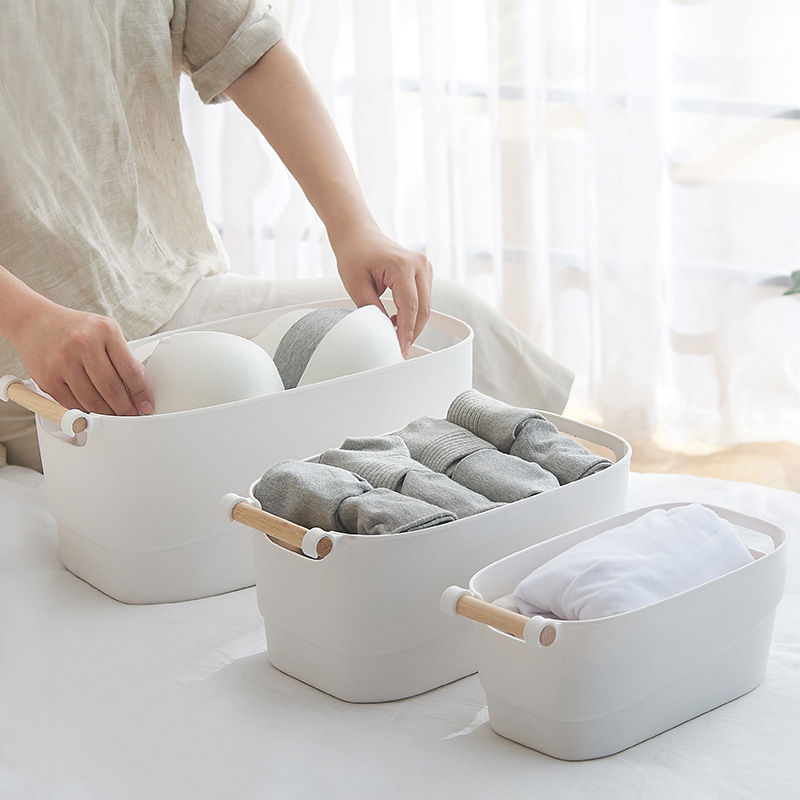 White Plastic Organizer Basket with Wood Handle - Small 3L