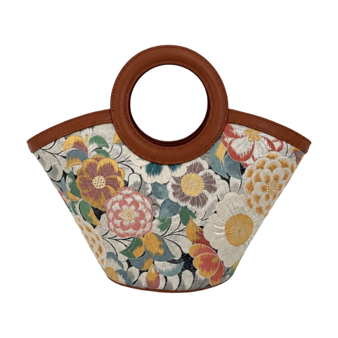 Jamila Designer Mulberry Silk Light Grey Tote Bag, Floral Pattern with Round Handles