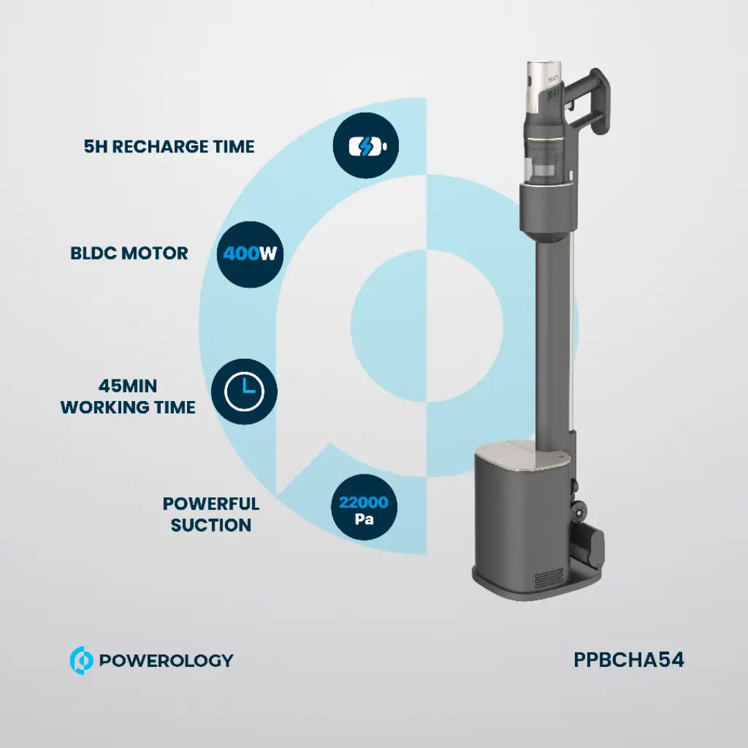 Powerology Cordless Vacuum Auto-Disposal Charging, 400W Motor, Black