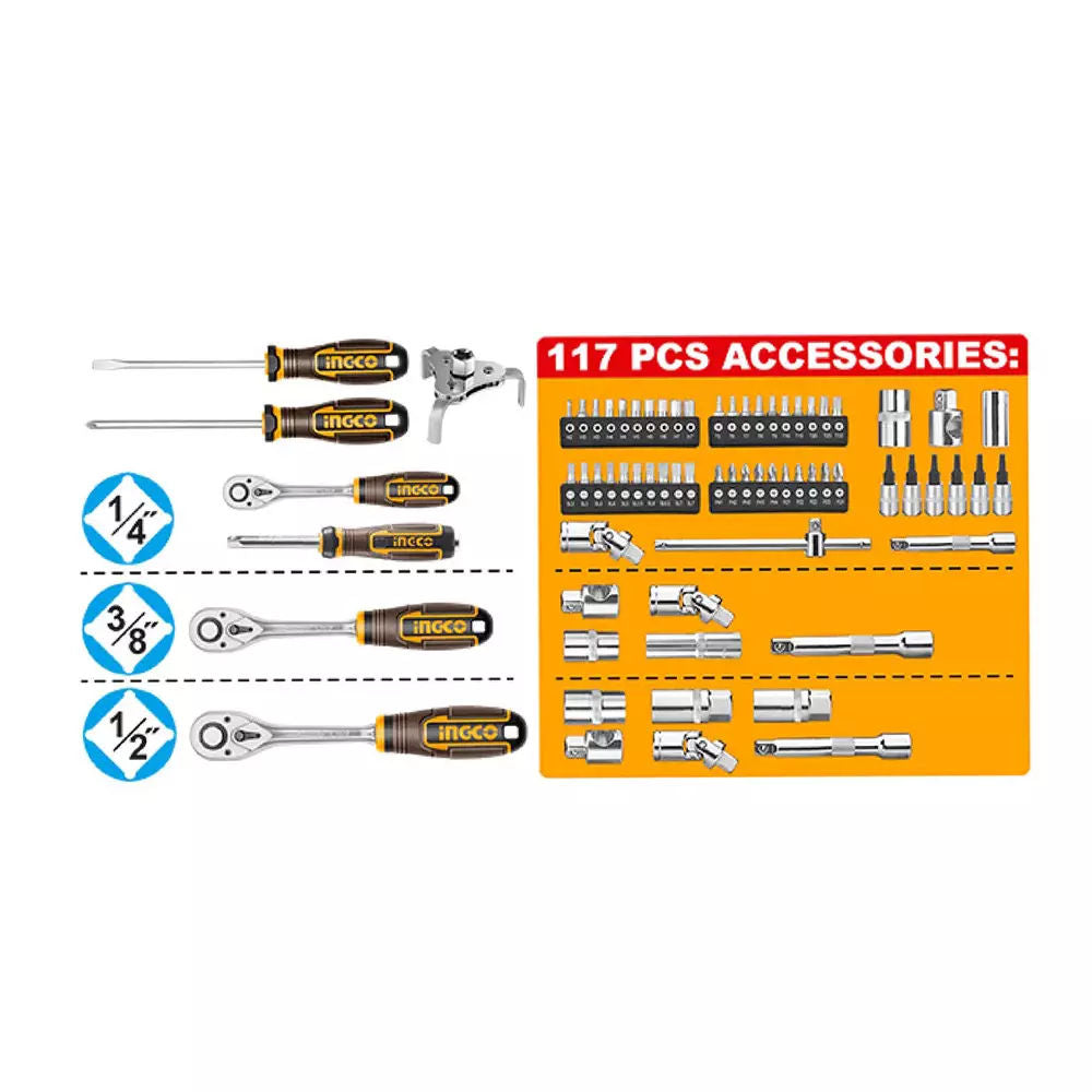 INGCO 152-Piece Cordless Impact Wrench Tool Set - 20V 1/2″ 500 Nm Wrench, 4.0Ah Battery, Charger, Comprehensive Sockets, Spanners & Bits in Carry Case