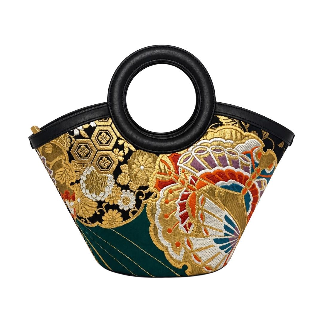 Jamila Designer Mulberry Silk Bird Design Tote Bag, Floral Pattern with Round Handles
