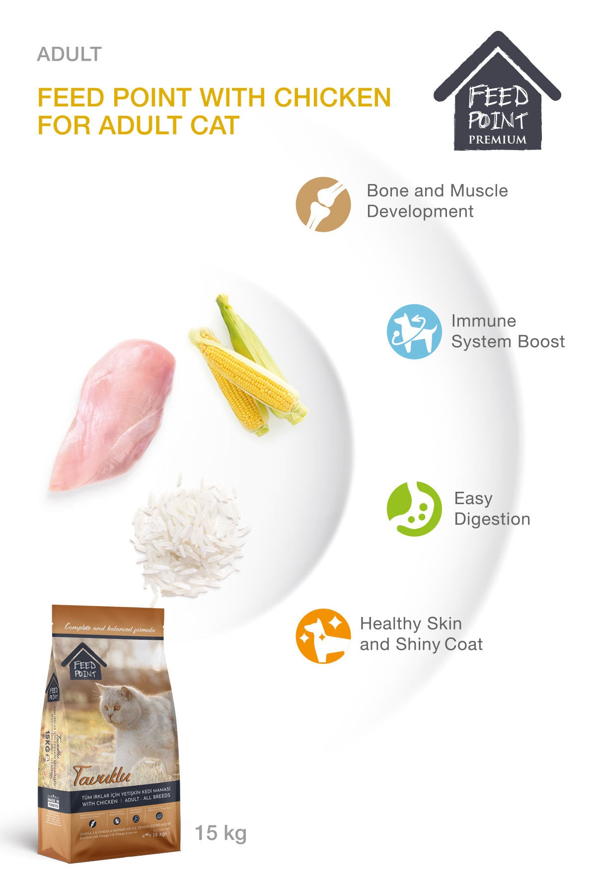 Feed Point Adult Cat Food with Chicken & Rice, High Protein, Shiny Coat & Strong Immunity, Complete Balanced Nutrition, 15kg