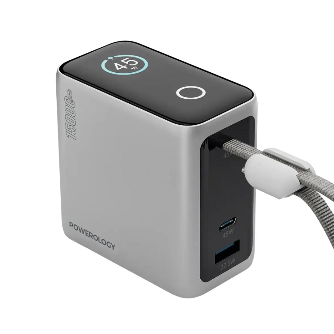 Powerology 15000mAh Mini Power Bank, Multiple Charging Ports, Smart Color Display