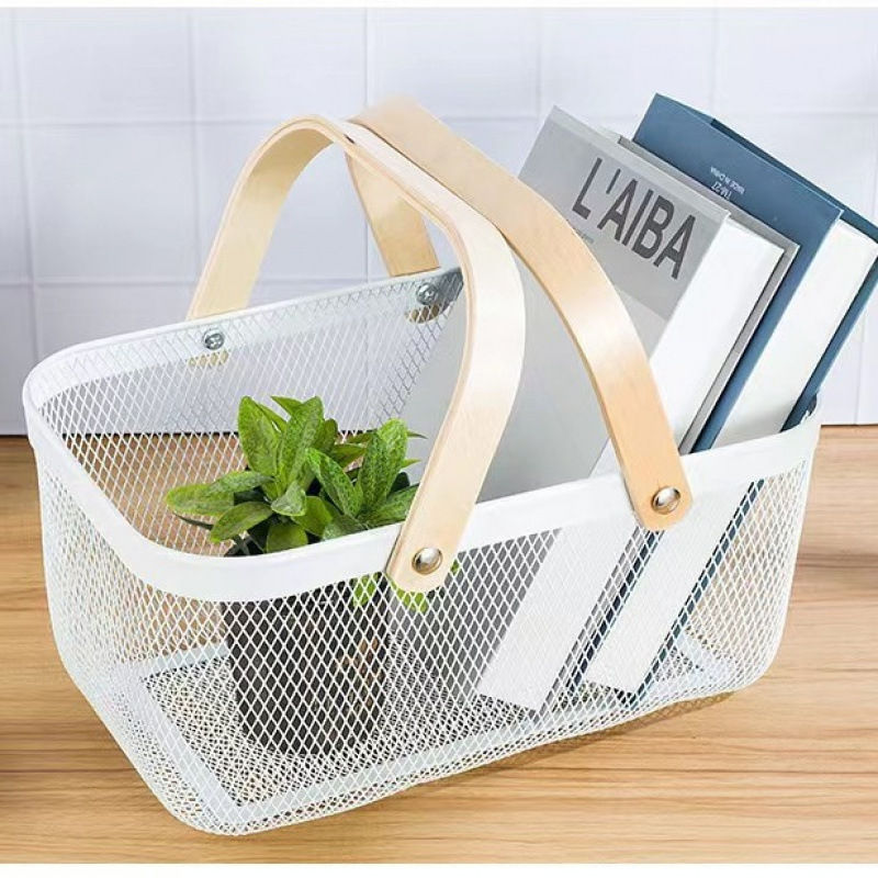 Metal Mesh Storage Basket with Wooden Handles (Rectangle) (Green)