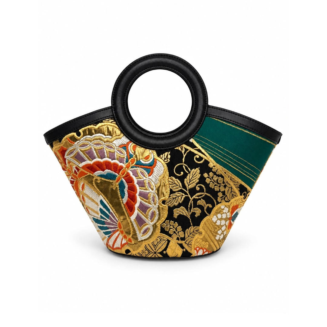 Jamila Designer Mulberry Silk Tote Bag, Japanese-Inspired Embroidery with Round Handles