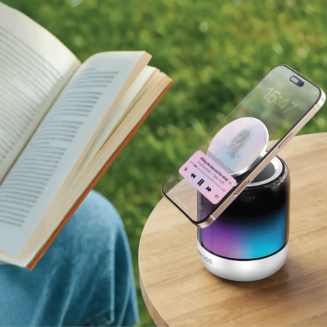 Porodo SyncGlBluetooth Speaker & Magnetic Phone Holder, Rhythmic Lights, 360° Rotation, 5W, White