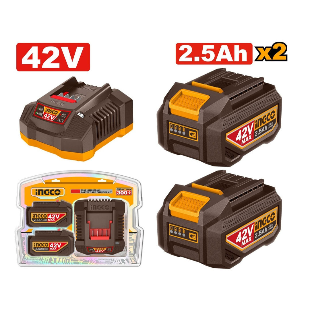 INGCO 42V Li-Ion Battery & Charger Kit, 2 x 2.5Ah Batteries with LED Indicator