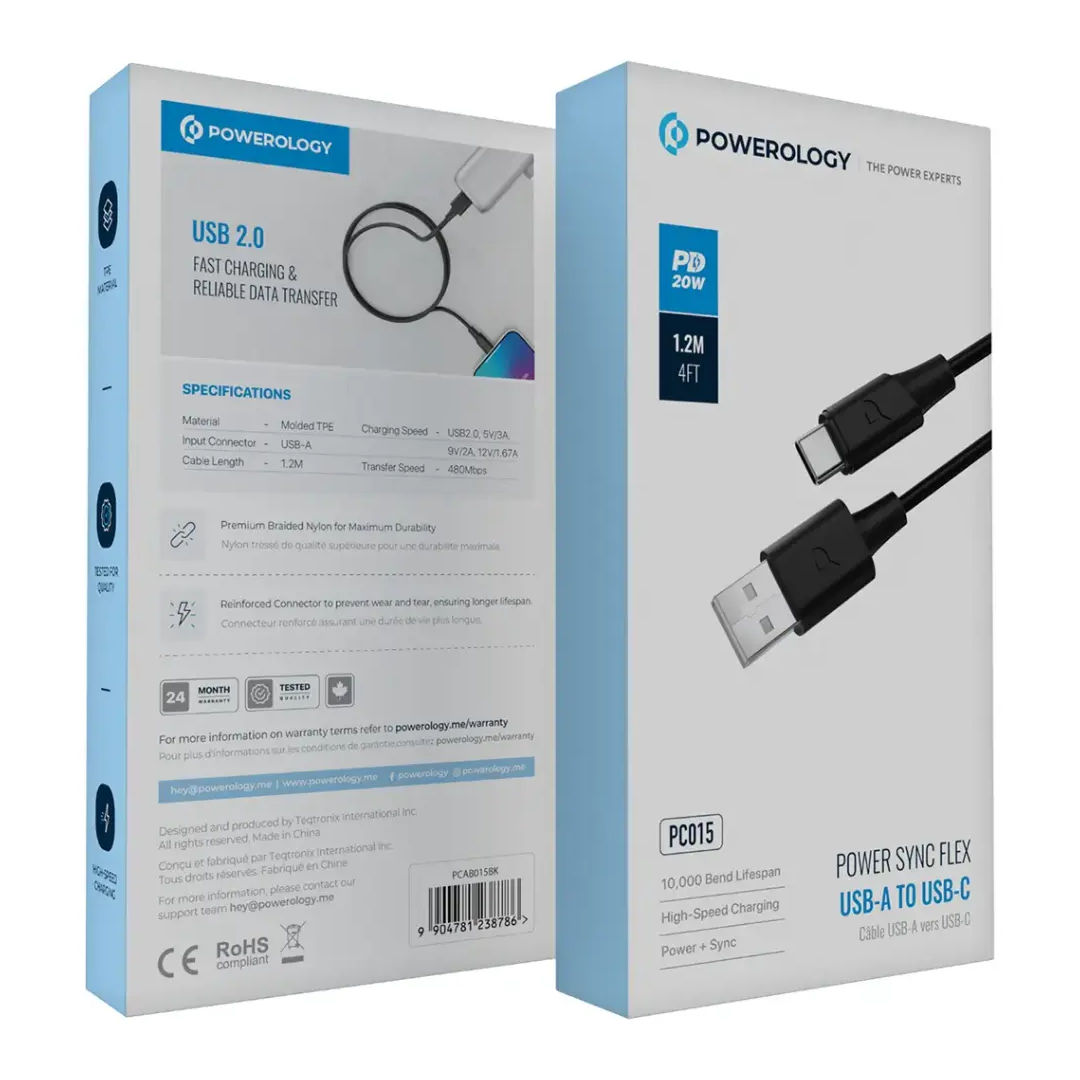 Powerology Power Sync Flex USB-A TO USB-C Cable, PD 20W, 1.2M
