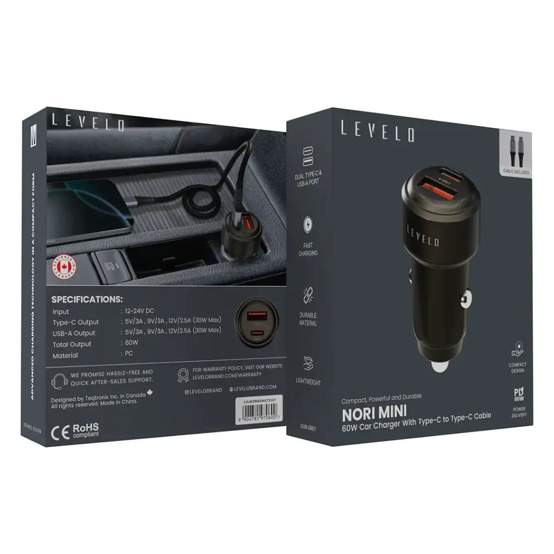 Levelo Nori Mini 60W Car Charger, Type C to Type C Cable, Gun Grey