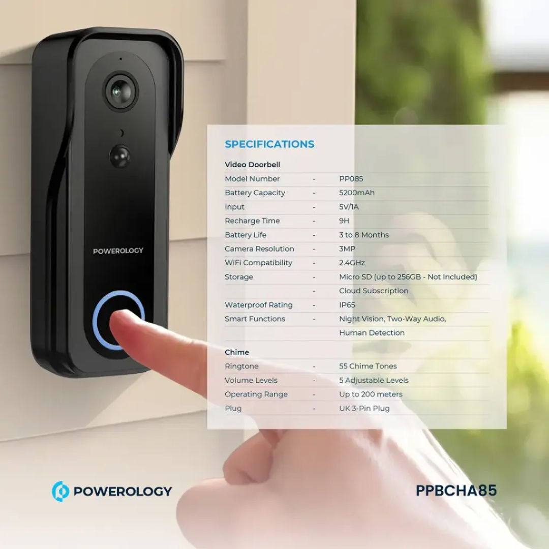 Powerology Smart Doorbell Camera, 3MP, IP65, Black