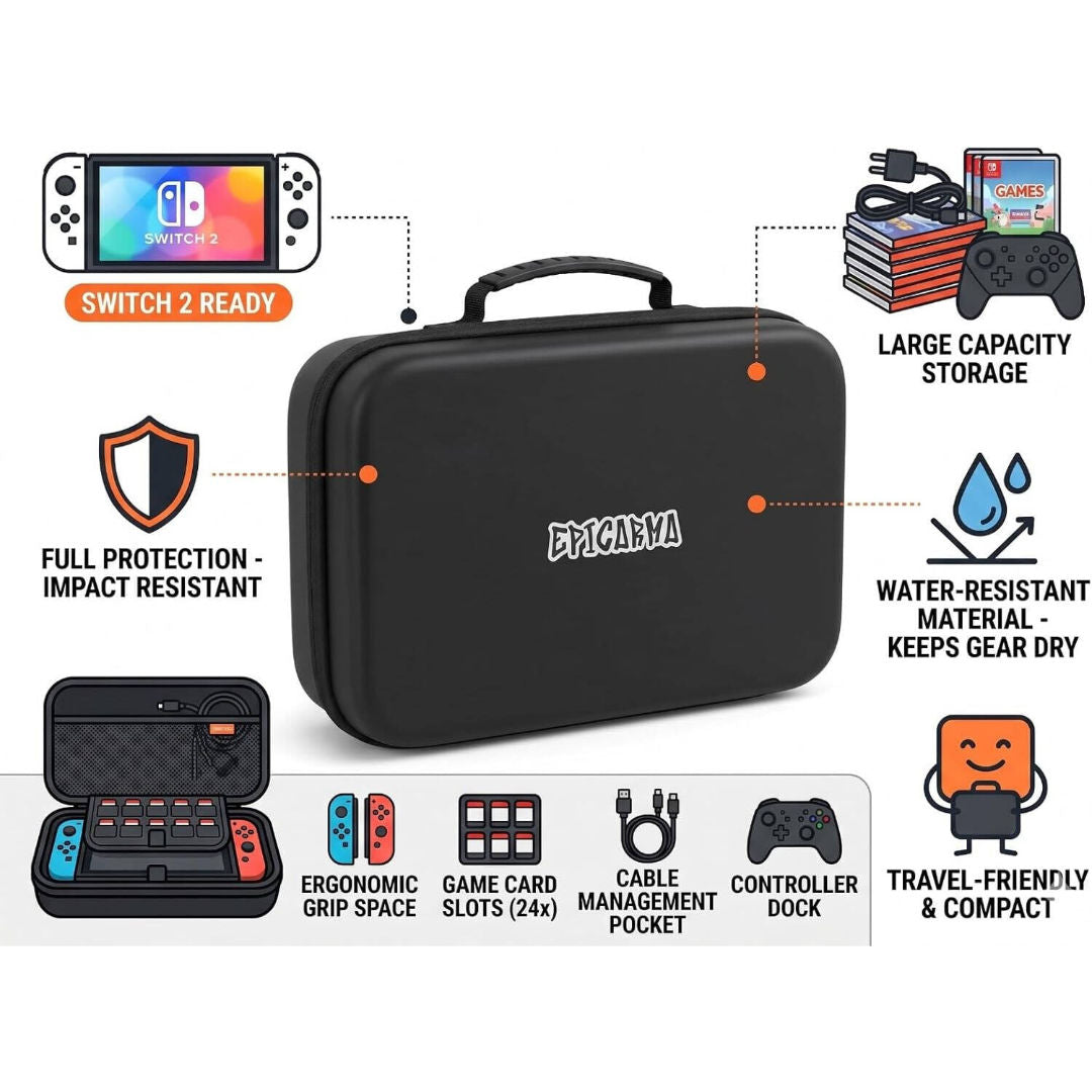 EpicArma Nintendo Switch 2 Hard Shell Case, Protective Travel Carry Case, Black