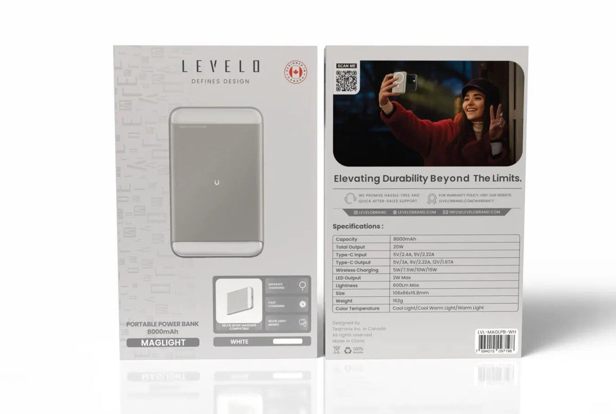 Levelo MagLight Portable Power Bank 8000mAh, Rear & Selfie Fill Light