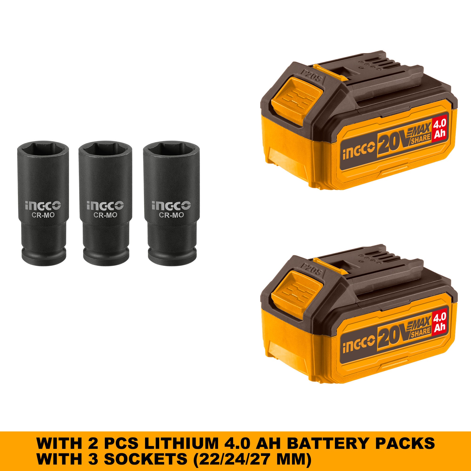 INGCO 20V Brushless Cordless Impact Wrench Kit, 1/2″ Drive, 850 Nm, 2×4.0Ah Batteries, Deep Sockets & Case