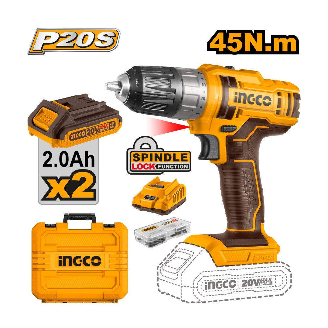INGCO 20V Cordless Drill Kit, 2x2.0Ah, 1500rpm