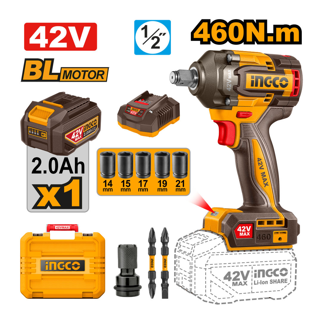 INGCO 42V Brushless Cordless Impact Wrench Kit, 1/2″ Drive, 460 Nm Torque, Battery, Charger & Socket Set