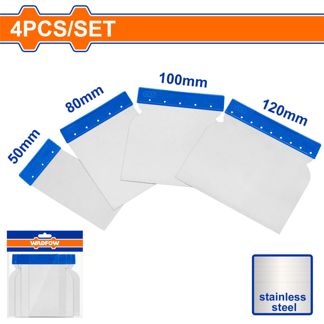 WADFOW Scraper Set, 4 Pieces, Stainless Steel, Sizes: 5, 8, 10, 12cm, Plastic Edge Handles