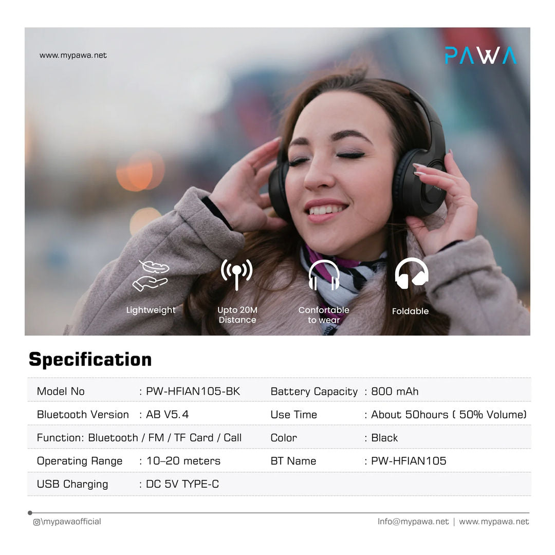 Pawa Wireless Bluetooth Headphone Comfort Pro, Black