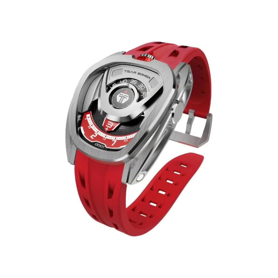 TSAR Bomba Men's FKM Rubber Interchangeable Automatic Silver Case Red Silicon Watch