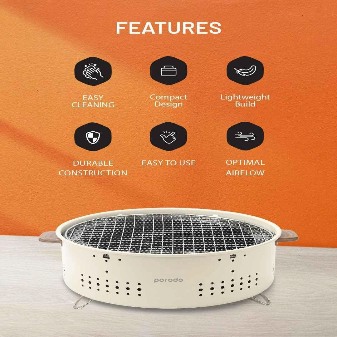 Porodo Lifestyle Camping Mini Outdoor Round BBQ/Charcoal Grill, Light Brown