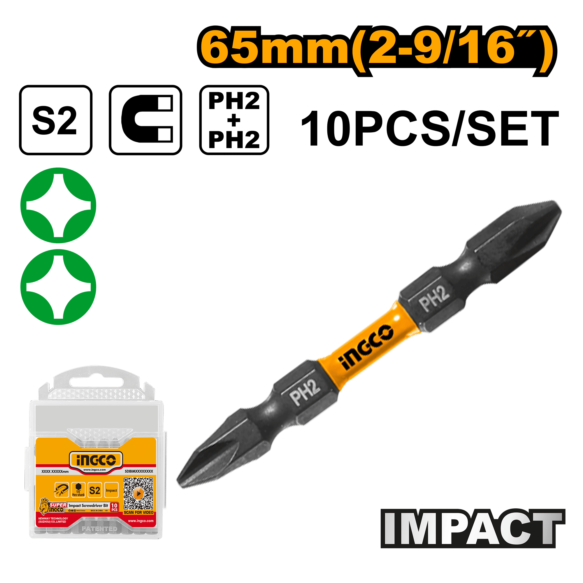 INGCO Impact Screwdriver Bits Set 10-Pieces 65mm Magnetic