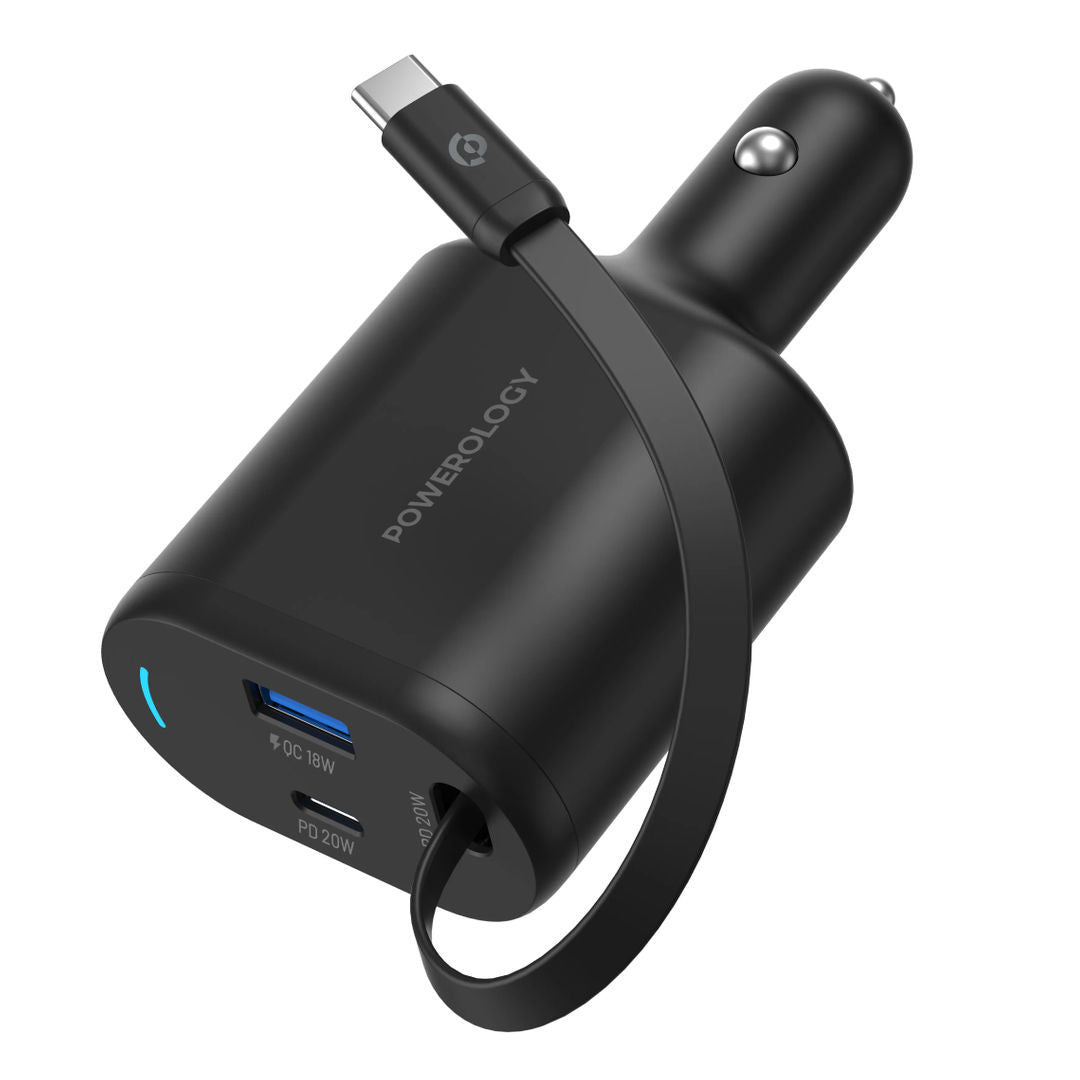 Powerology Type-C Retractable Car Charger 70W, Black