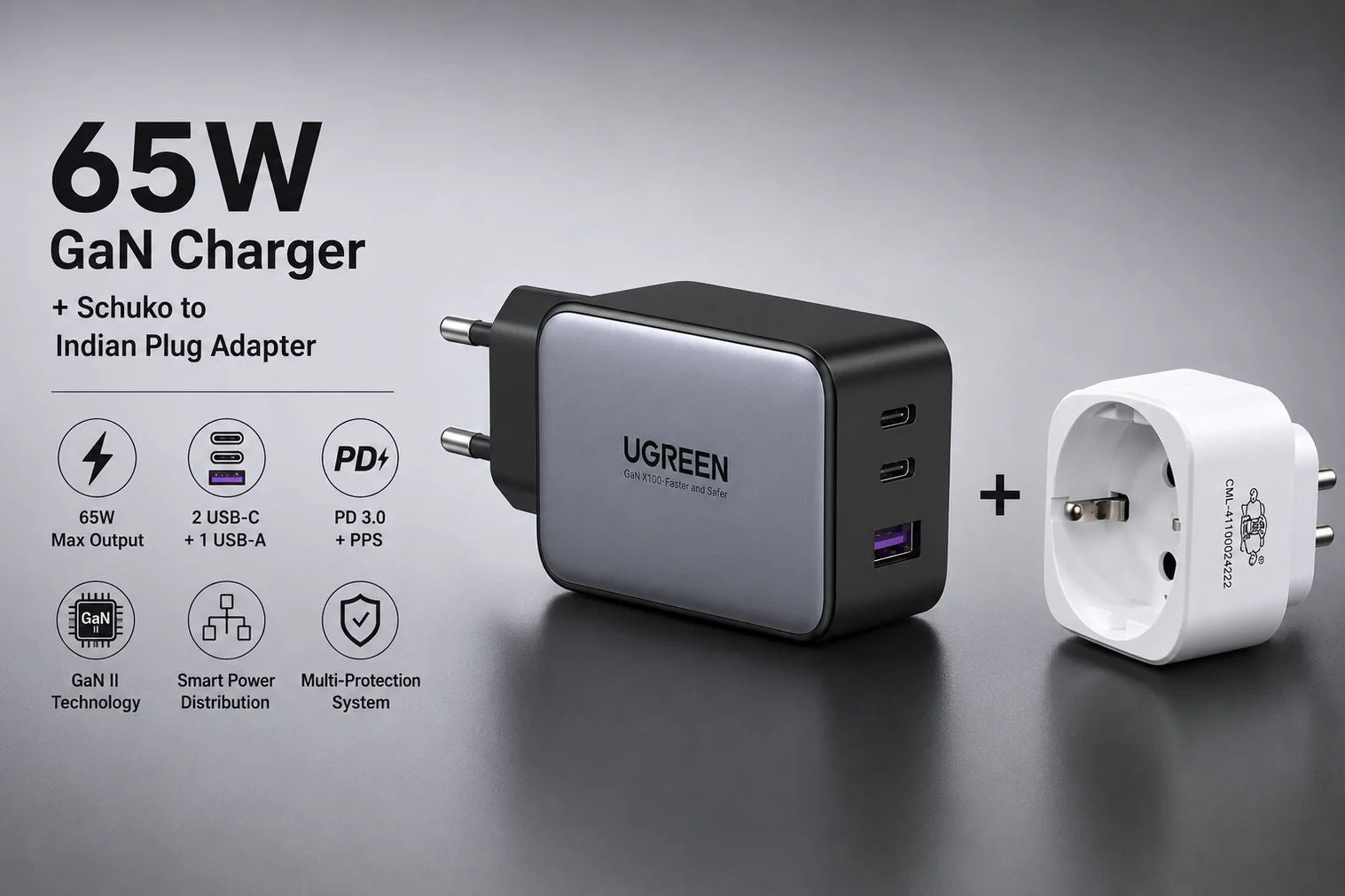 شاحن سريع UGREEN CD244 GaN II بقدرة 65 واط، مزود بمنفذي USB-C ومنفذ USB-A واحد، ومقبس أوروبي، لون رمادي