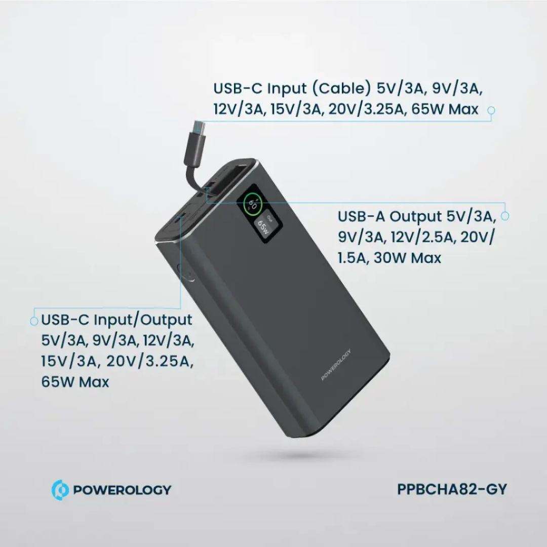 Powerology Aluminum 20000mAh Power Bank, Dark Gray