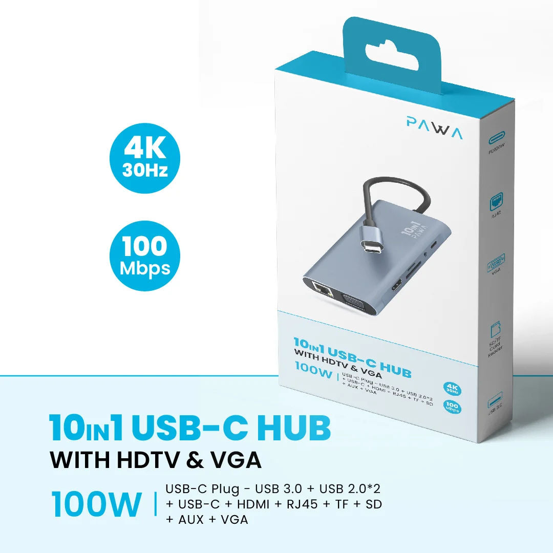 Pawa 10 In 1 USB Type-C Hub With HDTV & VGA, Grey