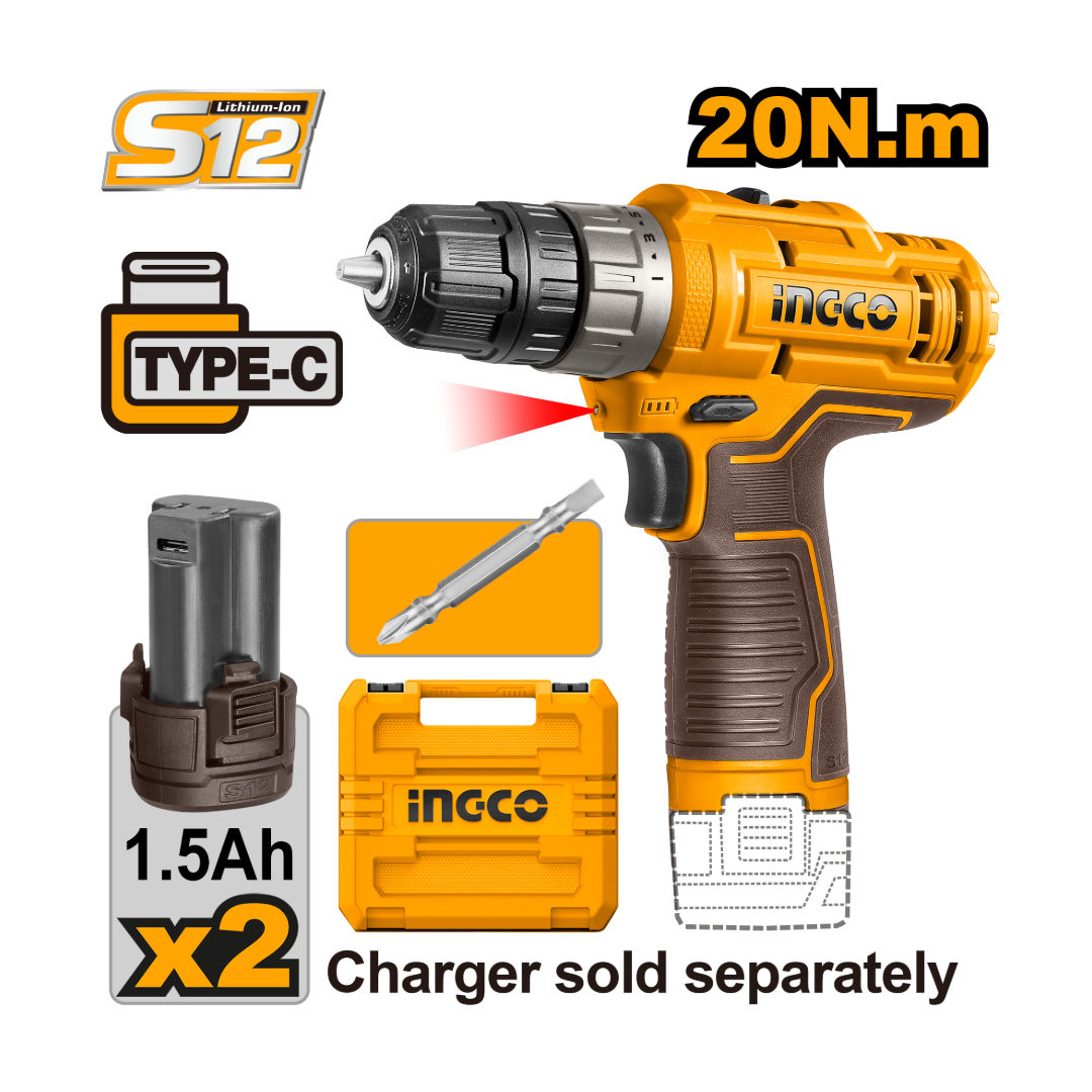 INGCO Cordless Drill, Chuck Size 0.8 - 10mm, 12V
