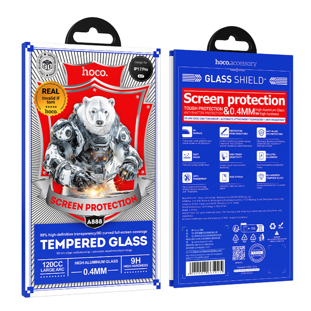 Hoco A888 Bear Shield Series Full Screen HD Tempered Glass for iPhone 18 Pro, iPhone 17 Pro, Full Screen Coverage, HD Visual