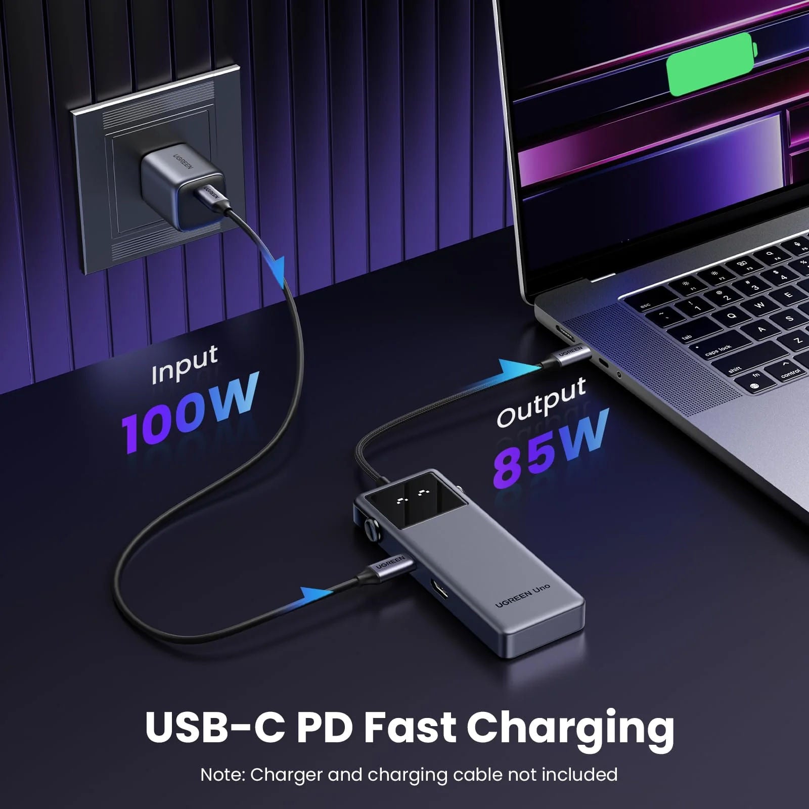 محول UGREEN Uno 6 في 1 USB-C مزود بمدخل HDMI بدقة 4K، ومنفذين USB-A 3.2، ومنفذين USB-C 3.2، ووظيفة تزويد الطاقة بقدرة 100 واط