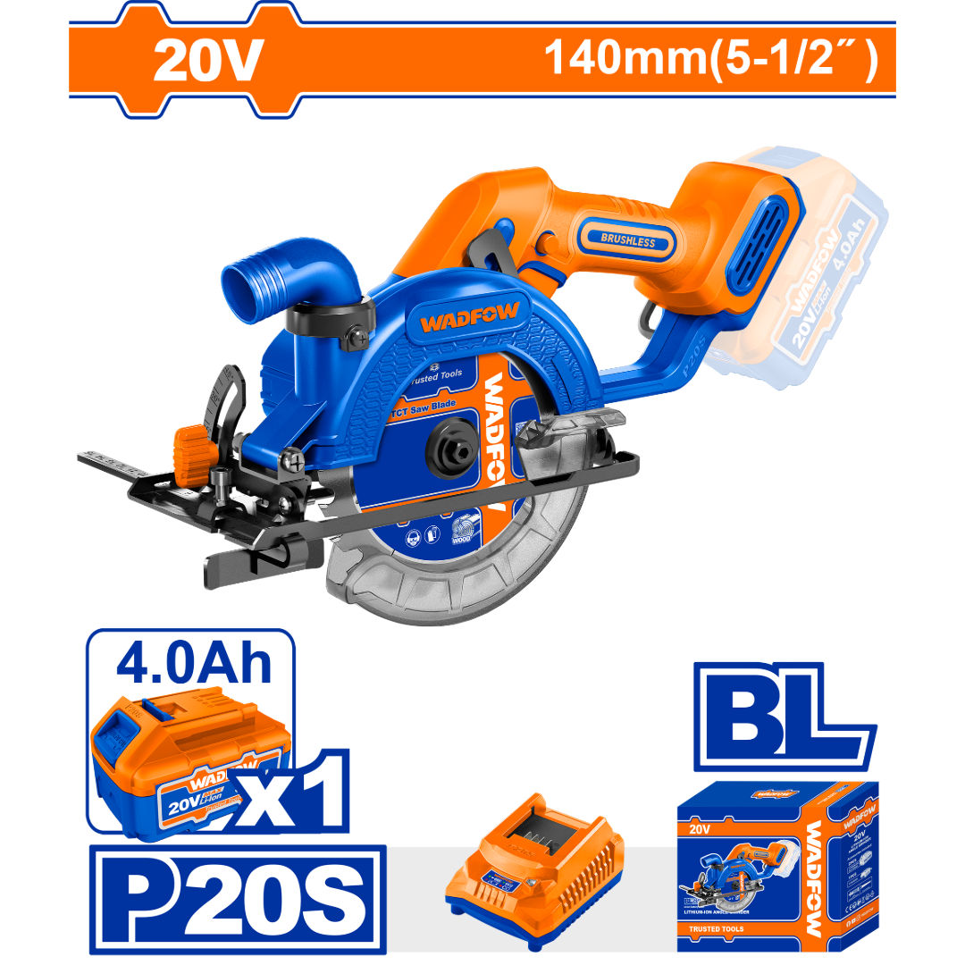 WADFOW Cordless Circular Saw 20V (Brushless), 140 mm Blade, High-Speed Cutting Tool
