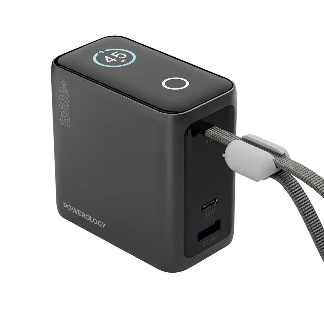 Powerology 15000mAh Mini Power Bank, Multiple Charging Ports, Smart Color Display