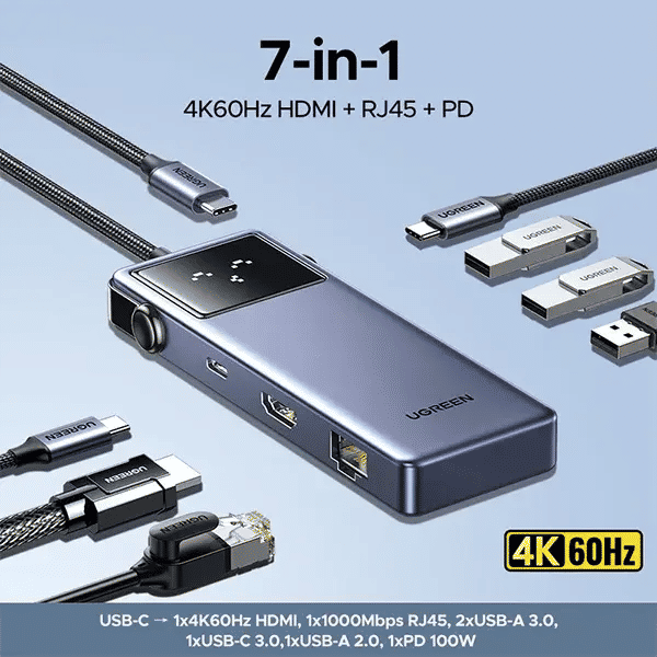 محول UGREEN CM888 Uno 7 في 1 مزود بمنفذ USB-C مع HDMI بدقة 4K، وشبكة إيثرنت جيجابت، ومنفذي USB-A وUSB-C، وتزويد طاقة بقدرة 100 واط