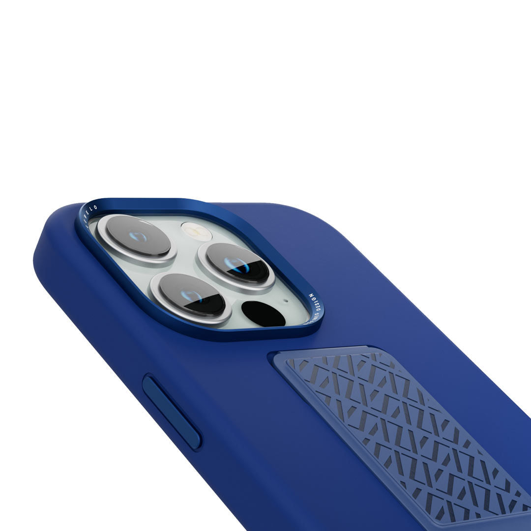 Levelo Morphix Silicone Case With Leather Grip for iPhone 15 Pro, Deep Blue