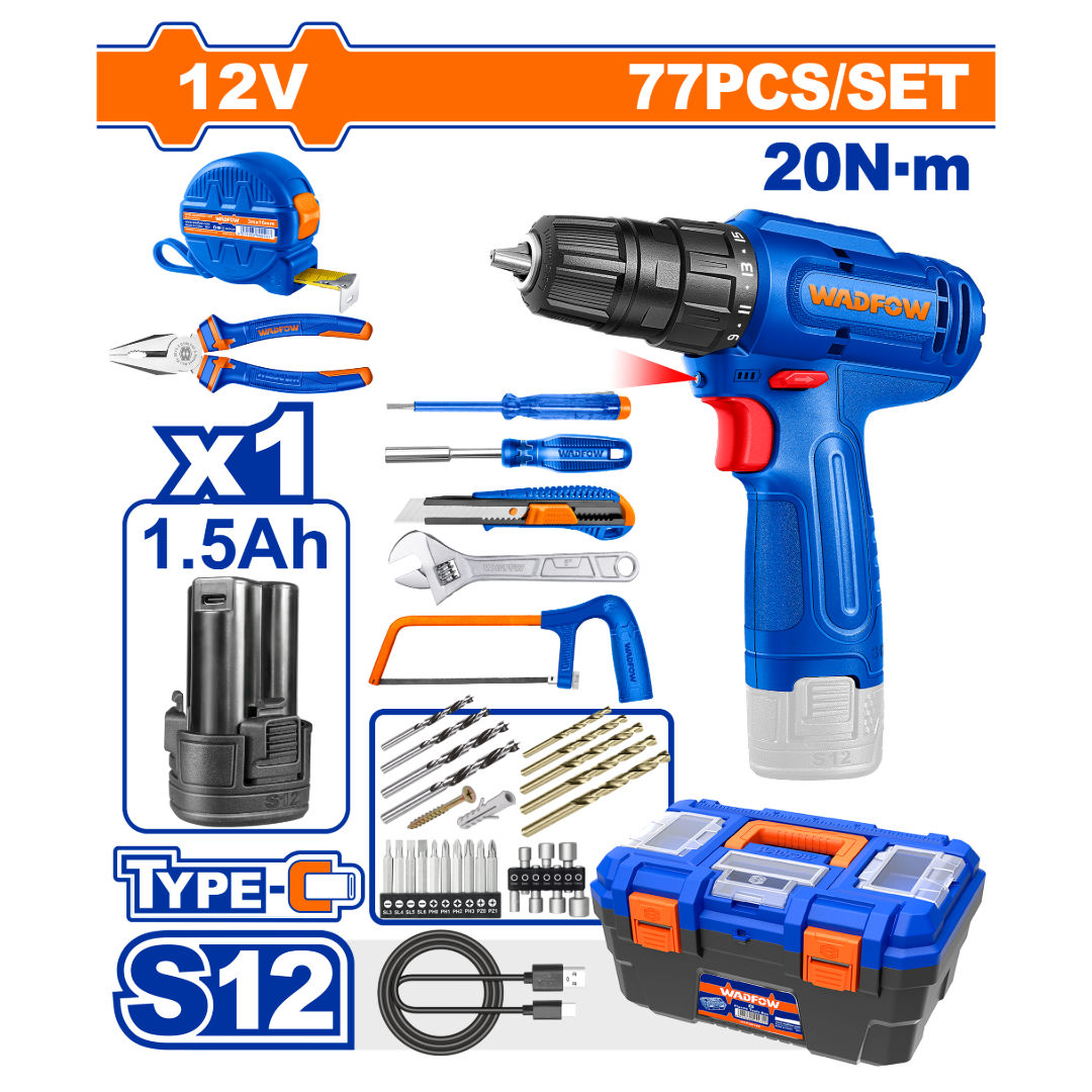 WADFOW 77 Piece Tool Set with 12V Cordless Drill, Accessories & 16″ Toolbox