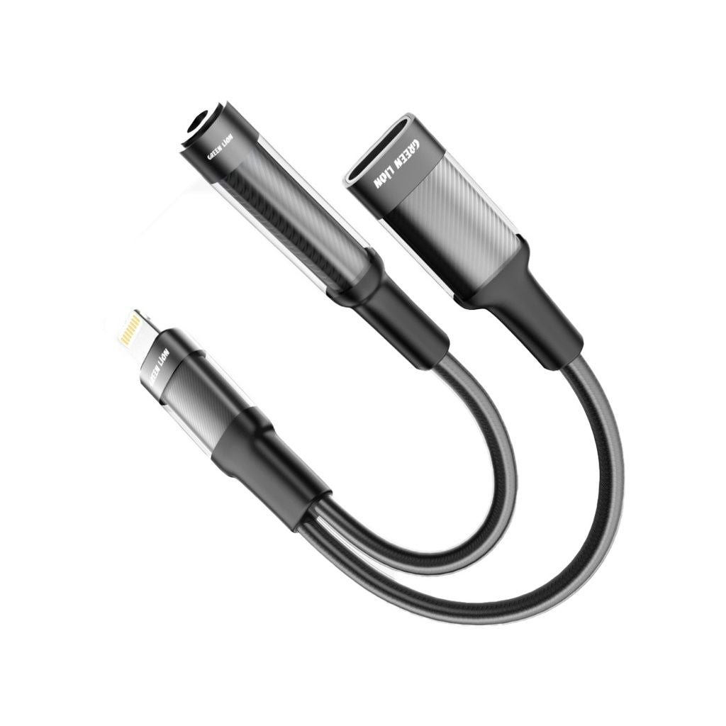 Green Lion Lightning to Dual Lightning + 3.5mm AUX Earphone Adapter, 12CM, Charging & Audio, Black