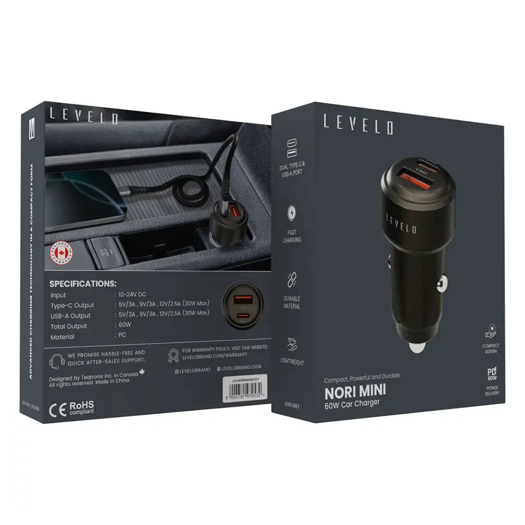 Levelo Nori Mini 60W Car Charger, Gun Grey
