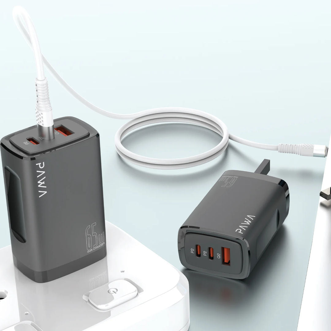Pawa Solid Travel Charger Dual PD & QC Port GaN 65W UK Standard, Black