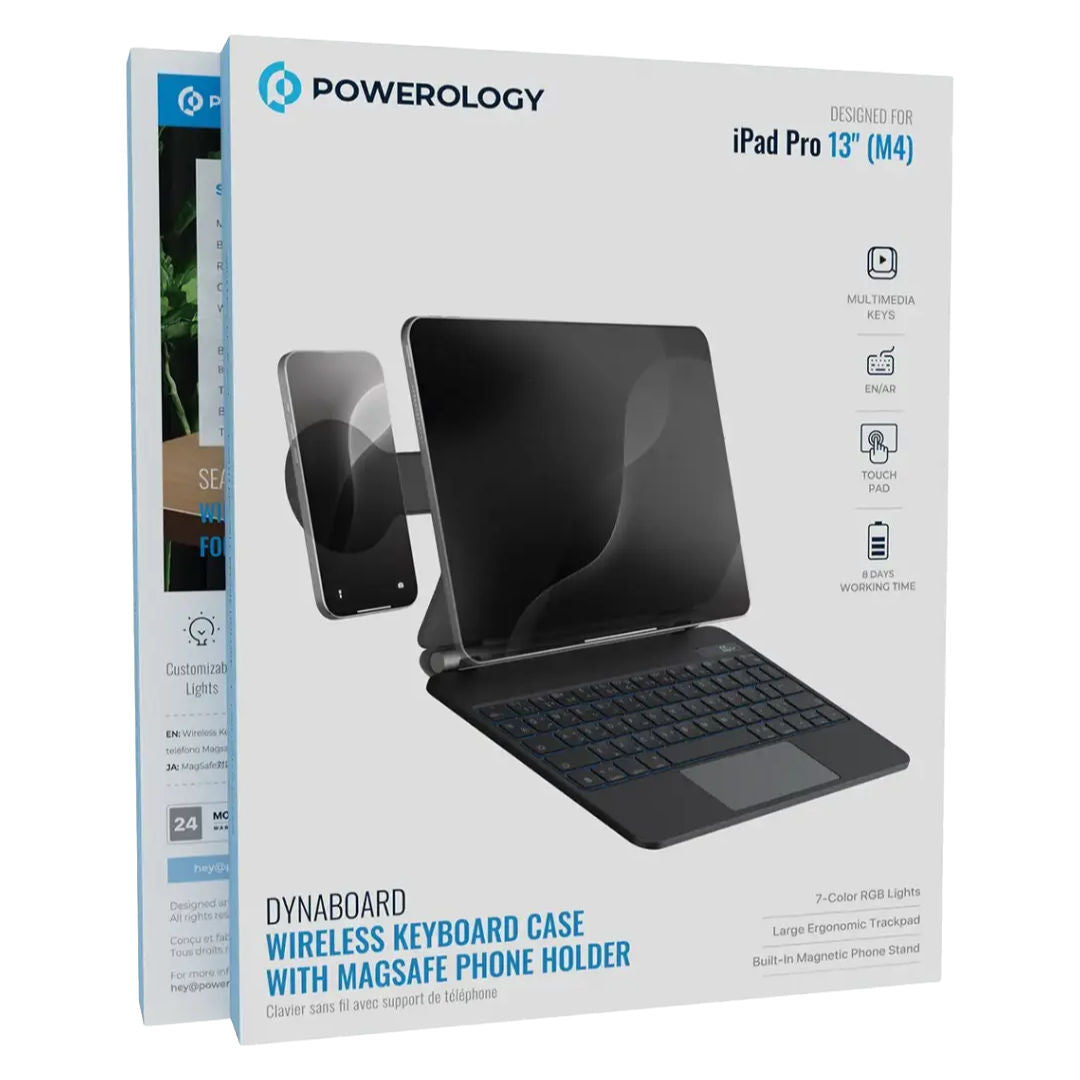 Powerology DynaBoard Wireless Keyboard Case With MagSafe Phone Holder For iPad 13", Black